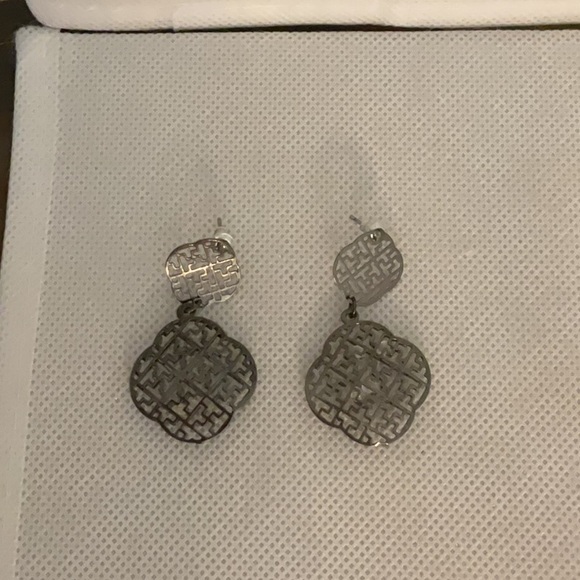 Gun Metal Drop Earrings, Post Back, Embellished w/White Beads - Picture 1 of 4